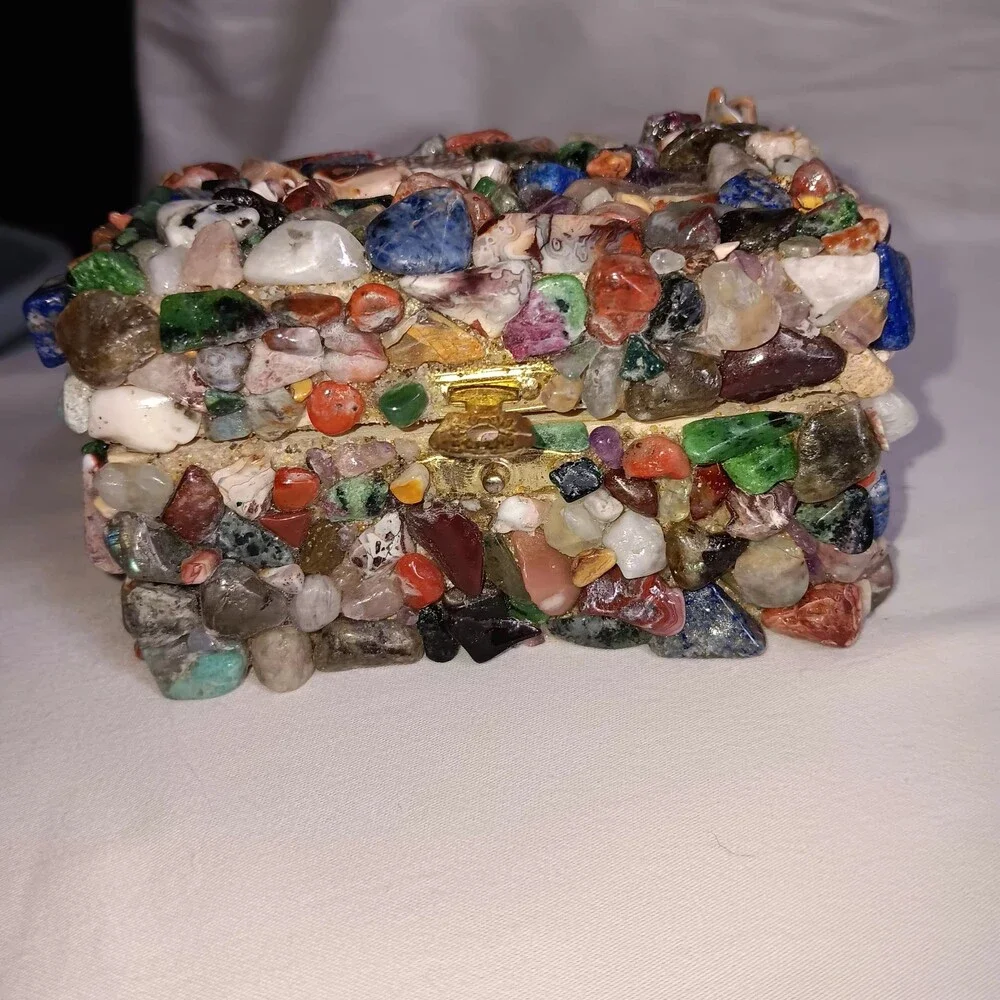 Crystal and Wood Trinket Box with Multicolor Polished Natural Stones Hinged Lid